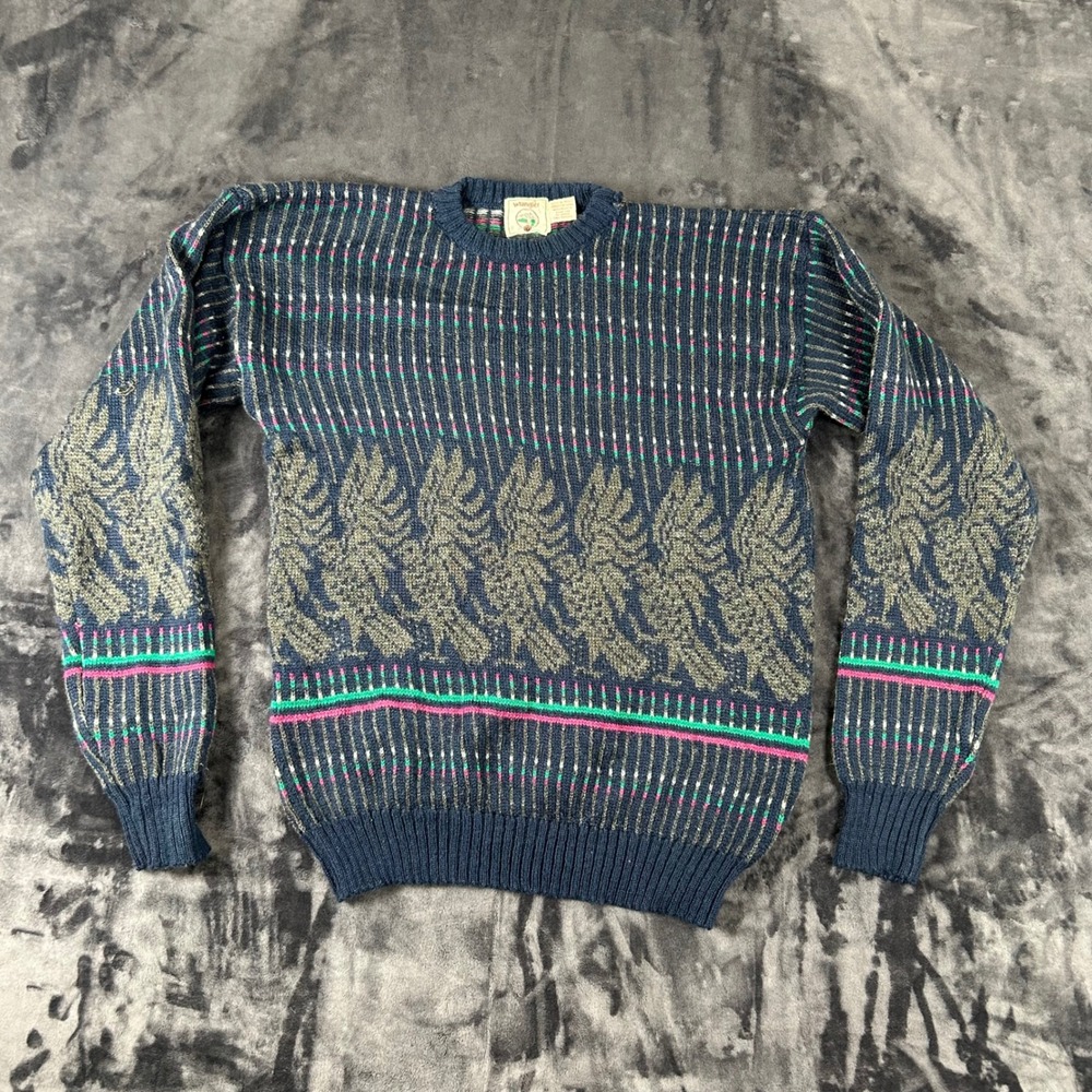 Wrangler Sweater Mens XL Navy Blue Vintage Eagle Knit Southwestern Acrylic 3356